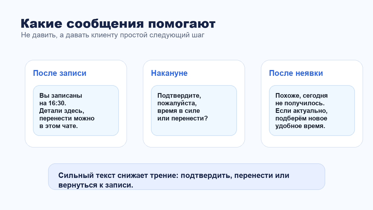 Сообщения клиенту до записи и после неявки