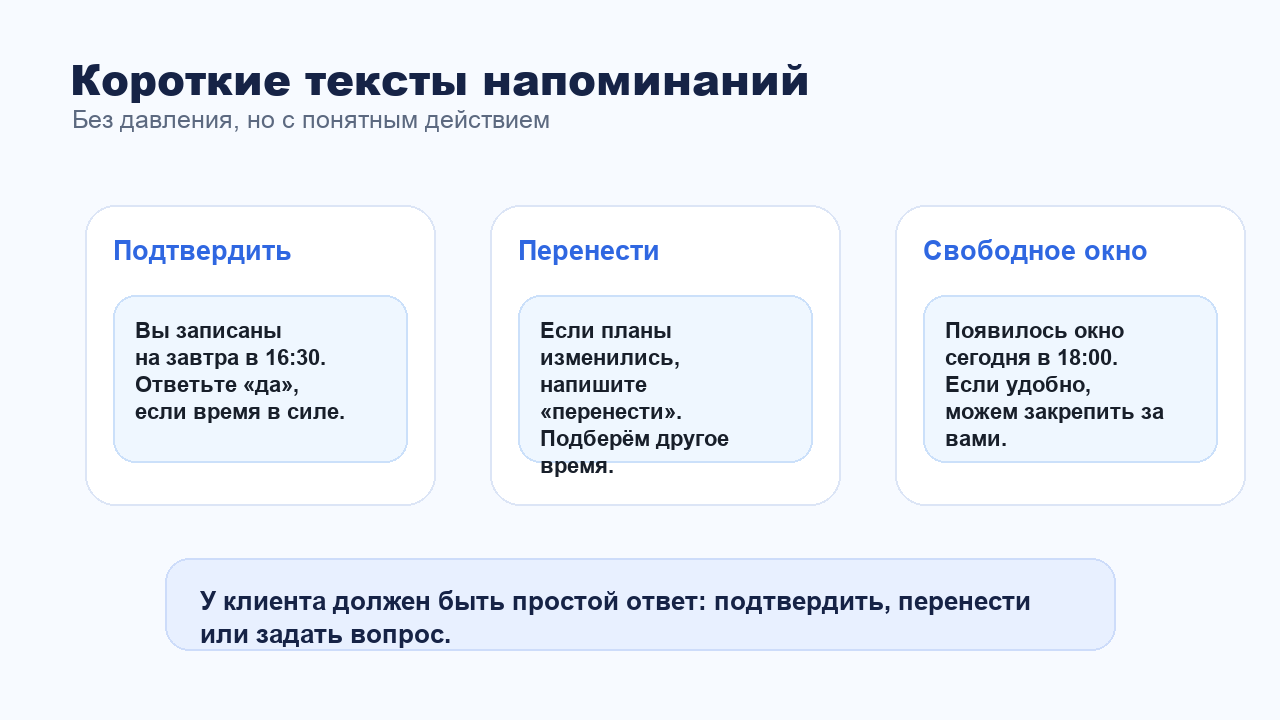 Готовые тексты напоминаний клиентам о записи