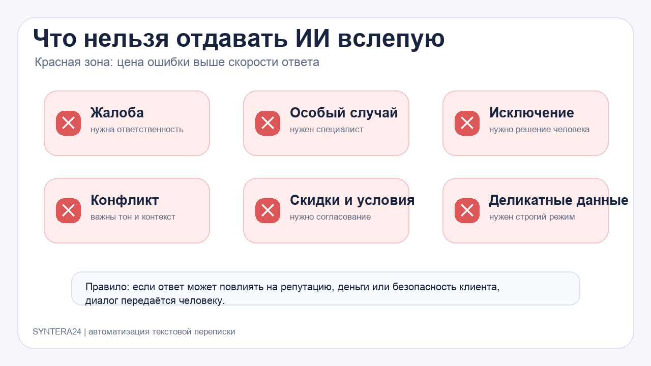 Красная зона вопросов клиентов, которые нельзя отдавать ИИ без участия человека