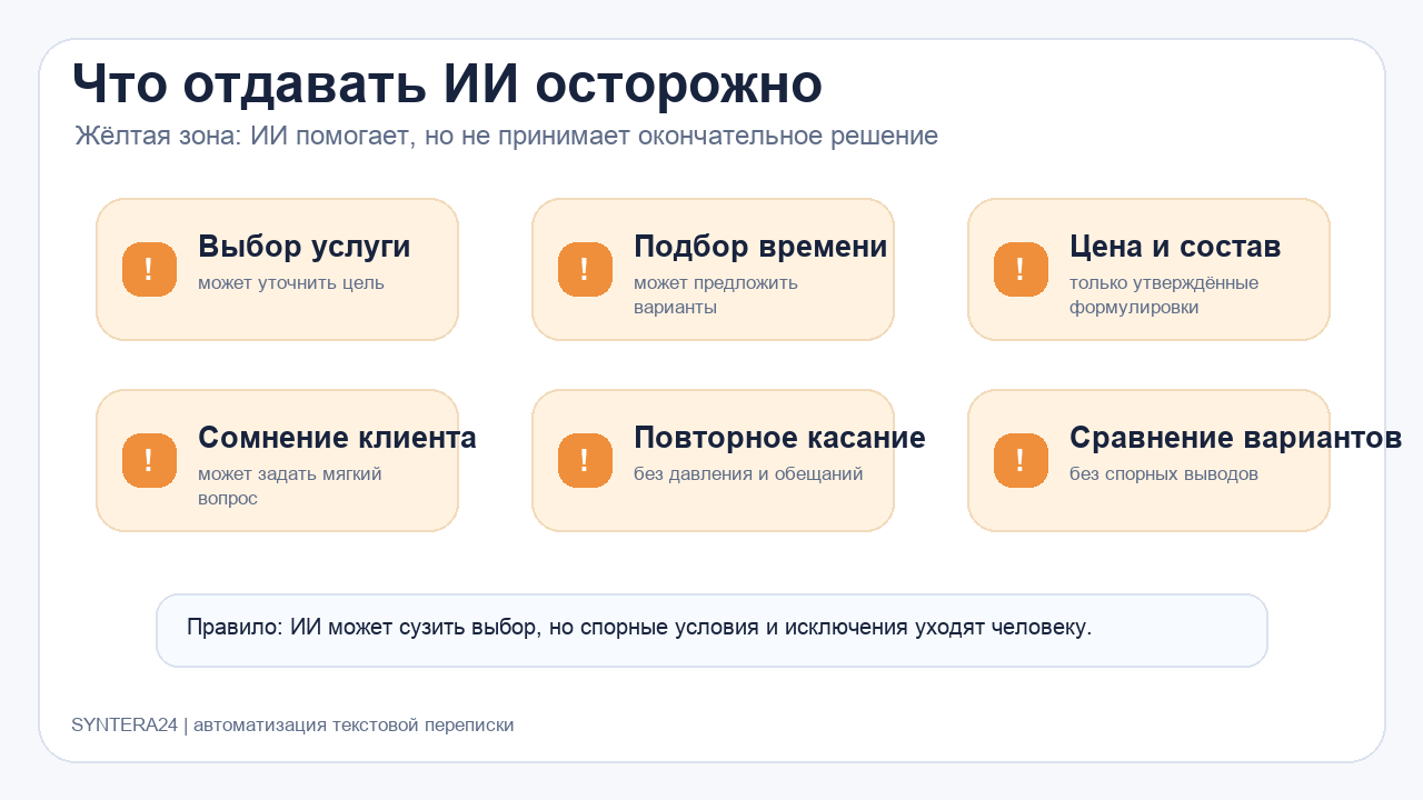 Жёлтая зона вопросов клиентов, которые ИИ может обрабатывать только с ограничениями
